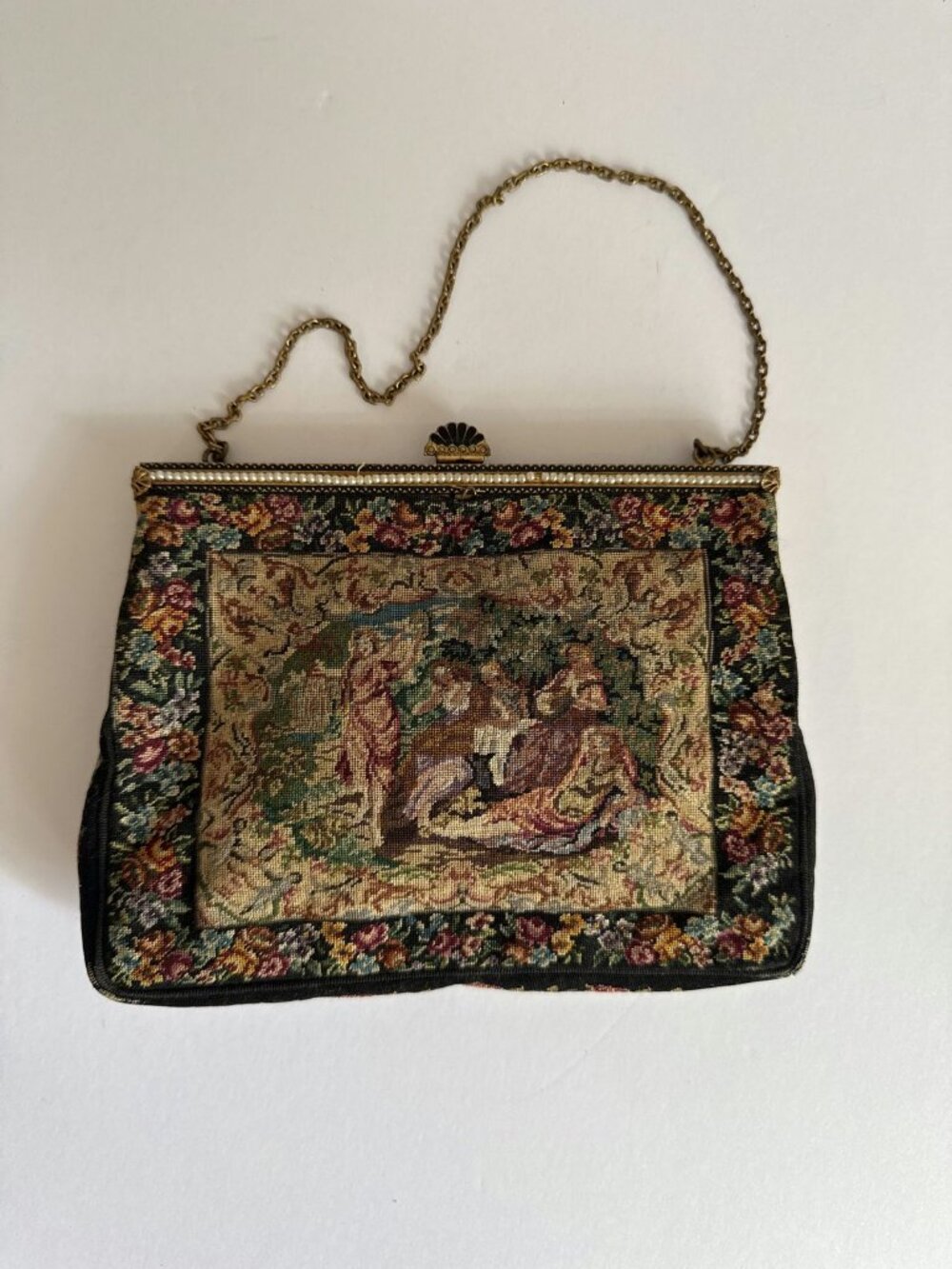 Vintage Petit Point Tapestry Evening Bag, Romantic Figural Scene, Floral Border,